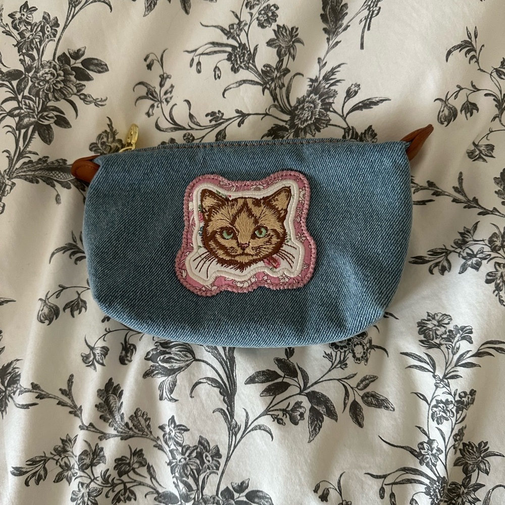 Stoney Clover Lane Denim Pouch With Cat Patch Sewed